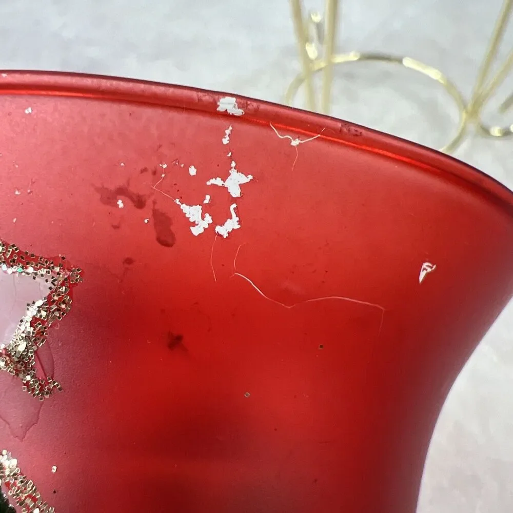 Vintage Hand painted Red Glass Candle Holder With‎ Metal Stand Chipped Paint
